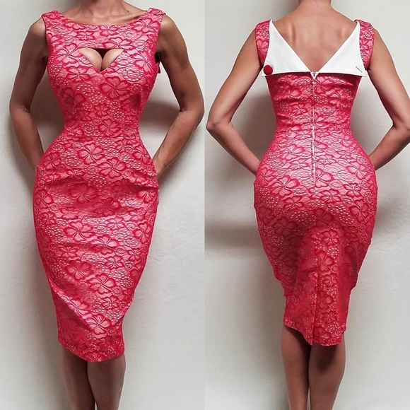 1950s Retro Tatyana Red Lace Cut-out Collared Back Midi Megan Pencil Dress M - Picture 1 of 14